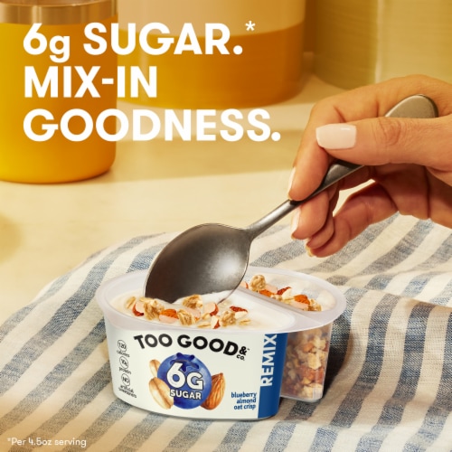 Too Good & Co. Remix Blueberry Flavored Low Fat Yogurt-Cultured Ultra-Filtered Low Fat Milk Cup Perspective: left