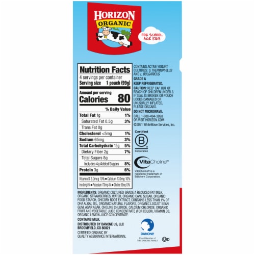 Horizon Organic Growing Years Low Fat Yogurt Pouch with 50mg DHA Omega-3 and Choline - Strawberry Perspective: left