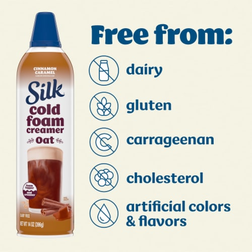 Silk Plant-Based Cold Foam Coffee Creamer, Cinnamon Caramel Oat Creamer, Bottle Perspective: left