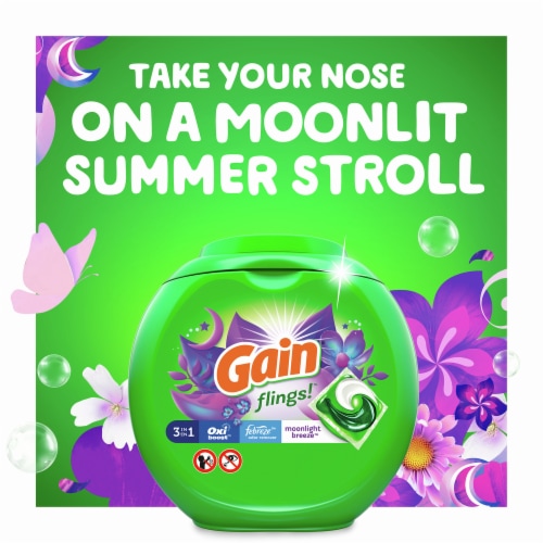 Gain® Flings! with Oxi Boost™ & Febreze™ Freshness Moonlight Breeze™ Laundry Detergent Pods Perspective: left