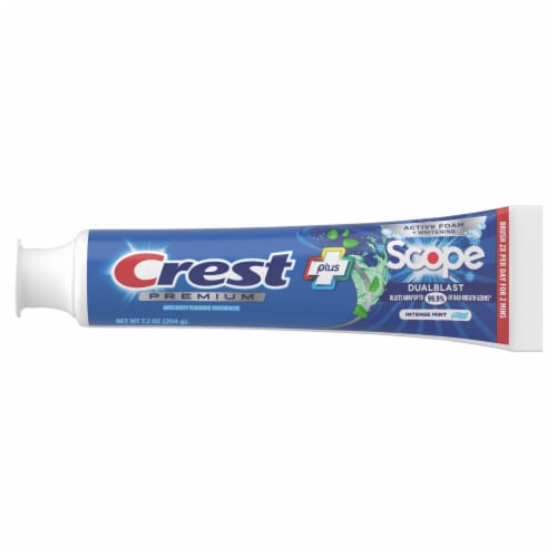 Crest Intense Mint Flavor Premium Plus Scope Dual Blast Toothpaste Perspective: left