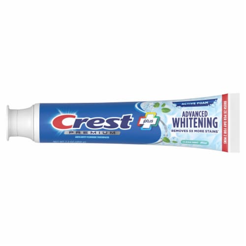 Crest Clean Mint Flavor Premium Plus Advanced Whitening Toothpaste Perspective: left