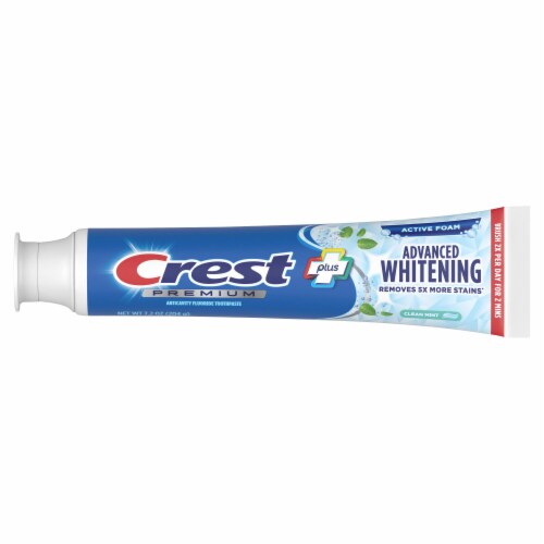 Crest Clean Mint Flavor Premium Plus Advanced Whitening Toothpaste Perspective: left