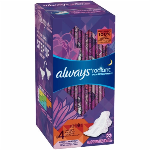 Always Radiant Size 4 Light Clean Scent Overnight Pads with Wings Perspective: left