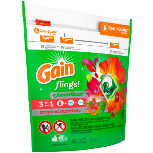 Gain Flings Tropical Sunrise Laundry Detergent Pods Perspective: left