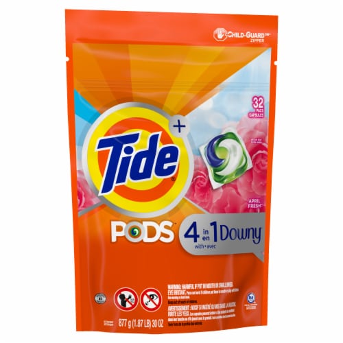 Tide Pods + 4-in-1 Downy April Fresh Detergent Pacs Perspective: left