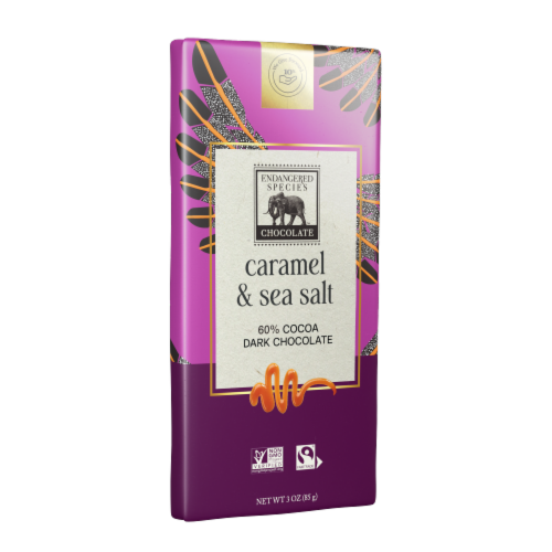 Endangered Species Caramel and Sea Salt 60% Dark Chocolate Bar Perspective: left