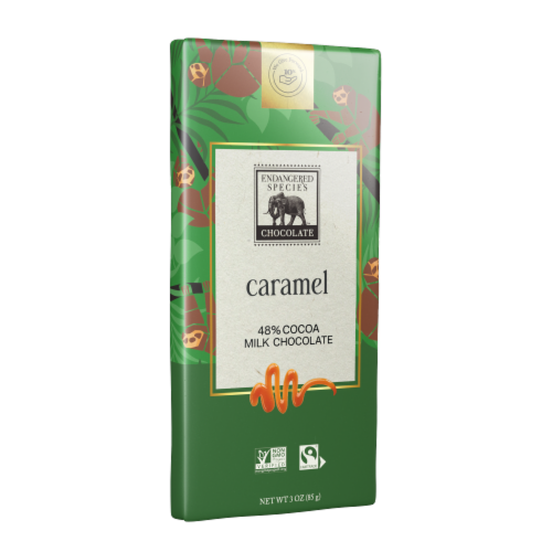 Endangered Species Chocolate Rich Caramel + 48% Cocoa Milk Chocolate Bar Perspective: left