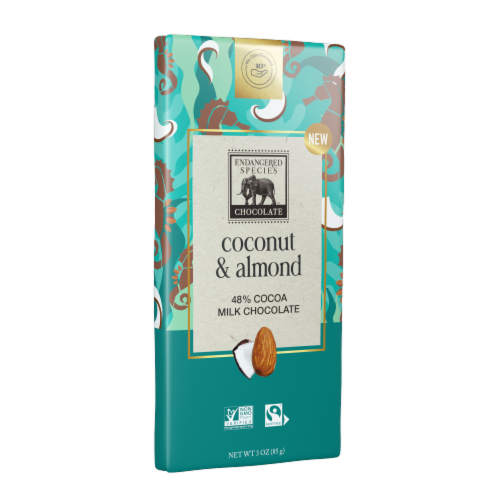 Endangered Species™ Chocolate Coconut & Almond + 48% Milk Chocolate Candy Bar Perspective: left