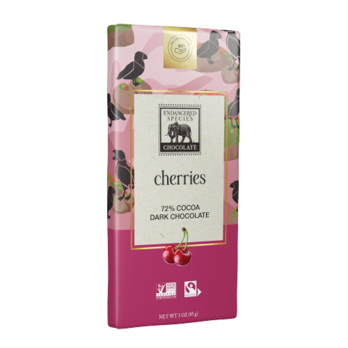 Endangered Species Vibrant Cherries & Dark Chocolate Bar Perspective: left