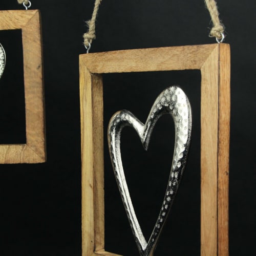 Set of 3 Wood Framed Open Work Metal Heart Wall Hangings W/ Rope Hangers Perspective: left