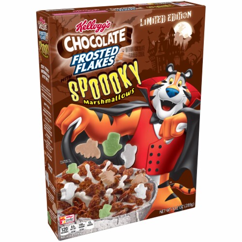 Frosted Flakes Spooky Marshmallow Chocolate Flavored Cereal Perspective: left