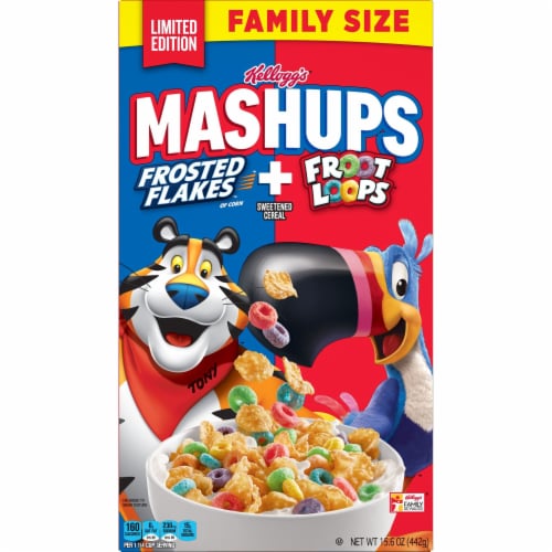 Kellogg's Mashups Frosted Flakes and Froot Loops Cold Breakfast Cereal Family Size Perspective: left