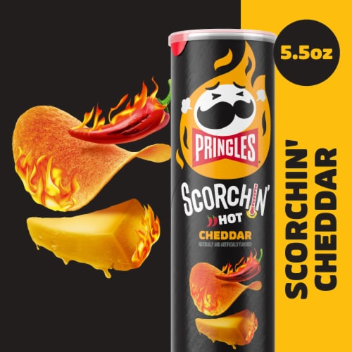 Pringles Scorchin' Cheddar Potato Crisps Chips Perspective: left