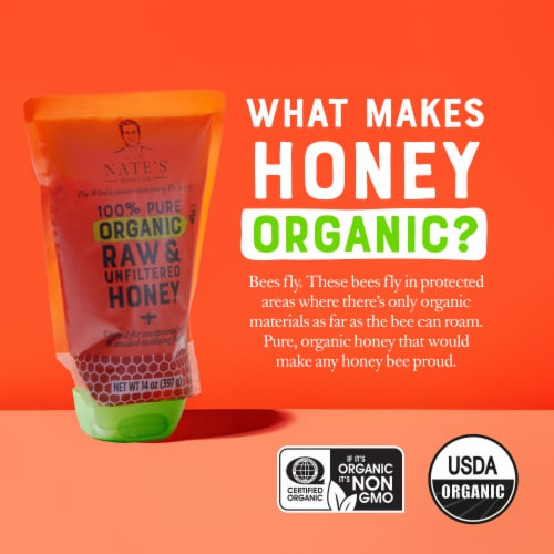Nature Nate's® Organic 100% Pure Raw & Unfiltered Honey Squeeze Pouch Perspective: left