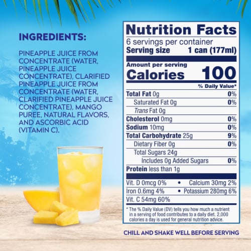 Dole 100% Pineapple Mango Juice 6 - 6oz Cans Perspective: left