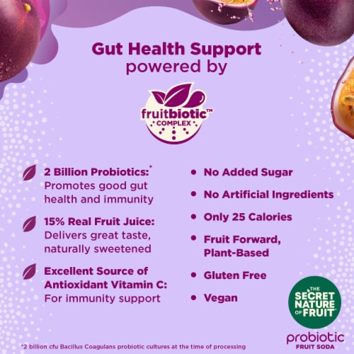 The Secret Nature of Fruit™ Tropical Passionfruit Probiotic Fruit Soda Perspective: left