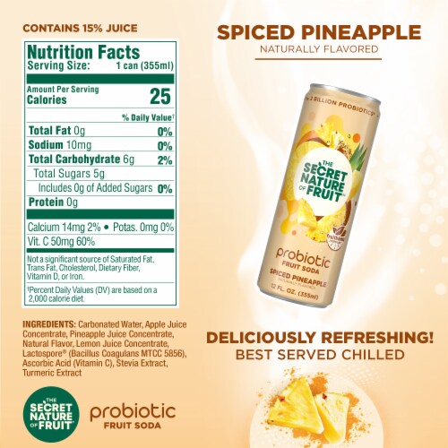 The Secret Nature of Fruit™ Spiced Pineapple Probiotic Fruit Soda Perspective: left