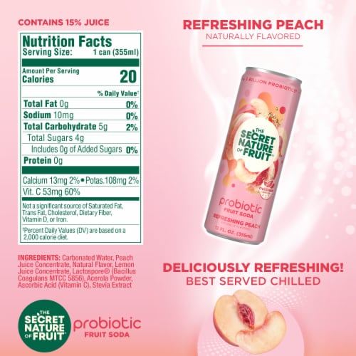 The Secret Nature of Fruit™ Refreshing Peach Probiotic Fruit Soda Perspective: left