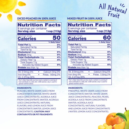 DOLE® Fruit Bowls® Yellow Cling Diced Peaches & Mixed Fruit in 100% Fruit Juice Cups Variety Pack Perspective: left