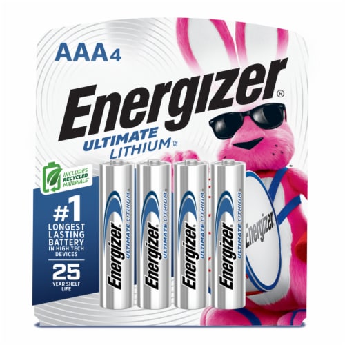 Energizer Ultimate Lithium AAA Batteries 4 Pack, Triple A Batteries Perspective: left