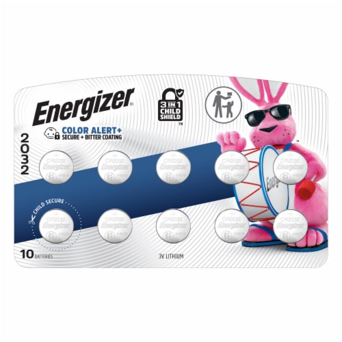 Energizer 2032 Batteries 10 Pack, 3V Lithium Coin Batteries Perspective: left