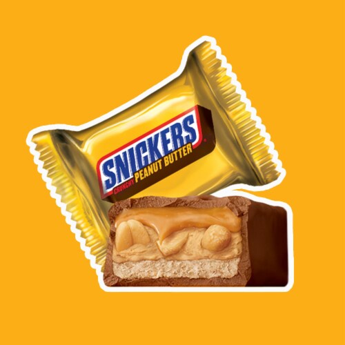 Snickers Crunchy Peanut Butter Squared Fun Size Chocolate Candy Bars Bag Perspective: left