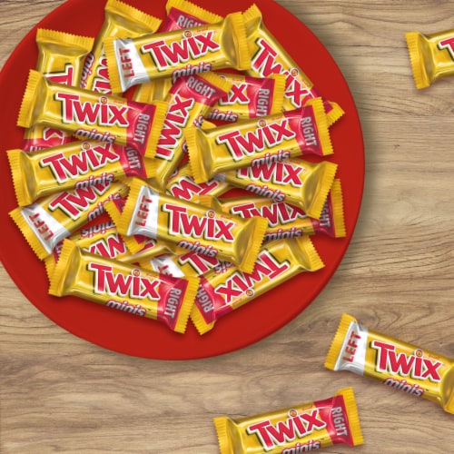 Twix Caramel Minis Size Chocolate Cookie Candy Sharing Size Bag Perspective: left