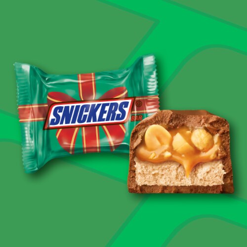 SnickersHoliday Christmas Candy Milk Chocolate Bars Minis Size Bag Perspective: left