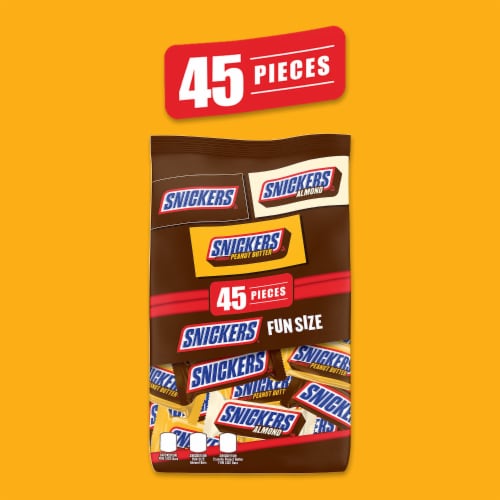 Snickers Original & Peanut Butter & Almond Variety Pack Fun Size Chocolate Candy Bars Bag Perspective: left