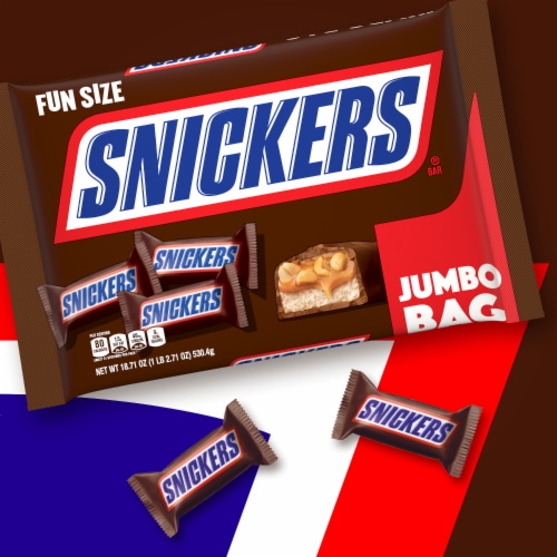 Snickers Fun Size Milk Chocolate Bars Jumbo Chocolate Candy Bag Perspective: left