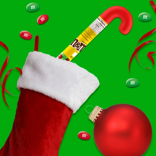 M&M'S Holiday Peanut Milk Chocolate Christmas Candy Cane Tube Perspective: left