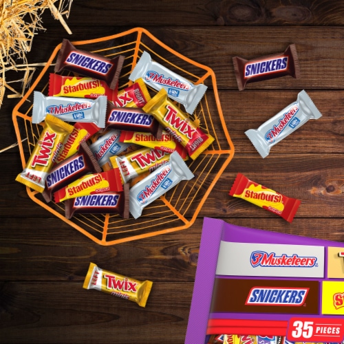 Snickers & Starburst & Twix & 3 Musketeers Share Size Halloween Candy Assortment Perspective: left