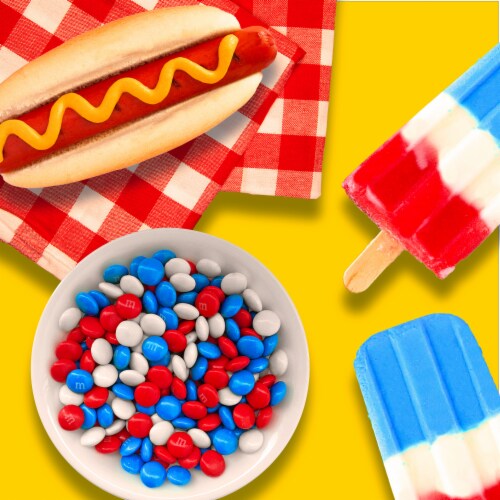M&M'S Milk Chocolate Red White & Blue Summer Candy Sharing Size Bag Perspective: left