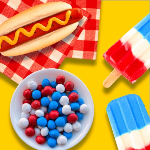 M&M'S Peanut Butter Chocolate Red White & Blue Summer Candy Sharing Size Bag Perspective: left