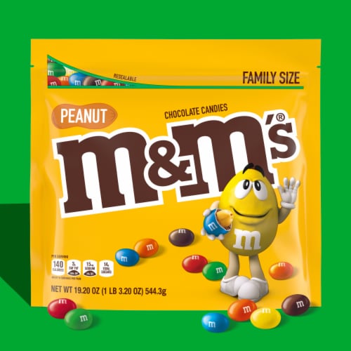 M&M'S Peanut Milk Chocolate Candy Family Size Bag Perspective: left
