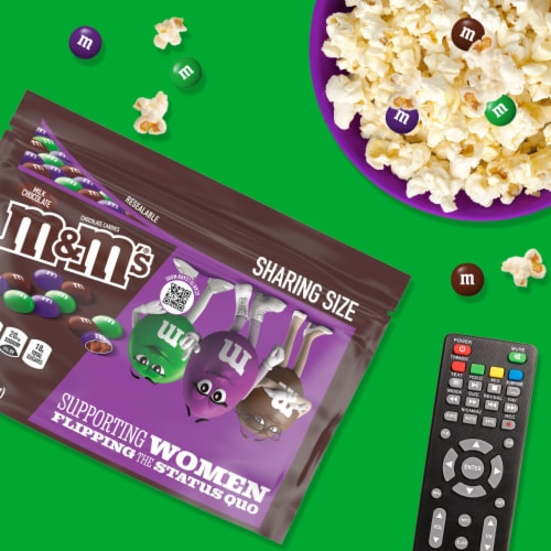 M&M's Limited Edition Milk Chocolate Candy featuring Purple Candy Sharing Size Bag Perspective: left