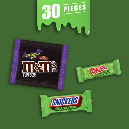 M&M'S & Snickers & Twix Ghoulish Green Chocolate Halloween Candy Variety Pack Perspective: left