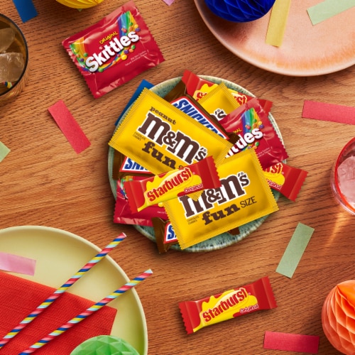 M&M'S Peanut Snickers Starburst & Skittles Fun Size Candy Variety Pack Party Size Bulk Bag Perspective: left