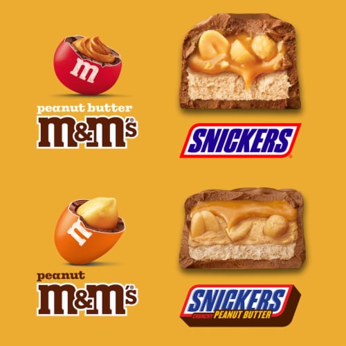 Snickers & M&M'S Fun Size Peanut and Peanut Butter Chocolate Candy Variety Pack Bulk Bag Perspective: left