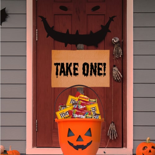 M&M'S Snickers Skittles Starburst & Milky Way Halloween Candy Variety Pack Bulk Bag Perspective: left