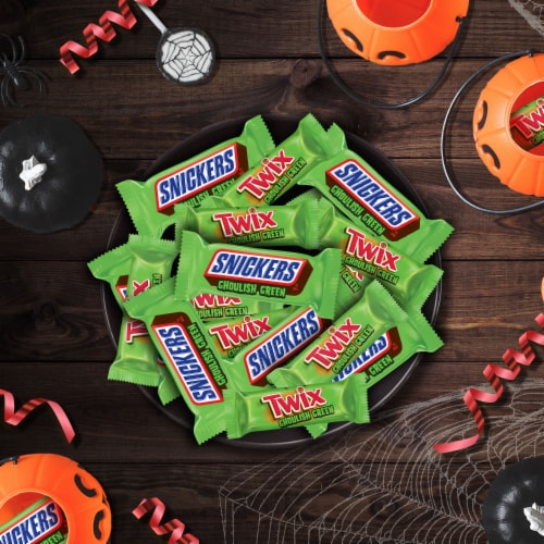 Snickers & Twix Ghoulish Green Chocolate Halloween Candy Bars Bulk Bag Perspective: left