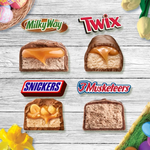 Snickers Twix Milky Way & 3 Musketeers Mini Milk Chocolate Candy Bars Easter Bag Perspective: left