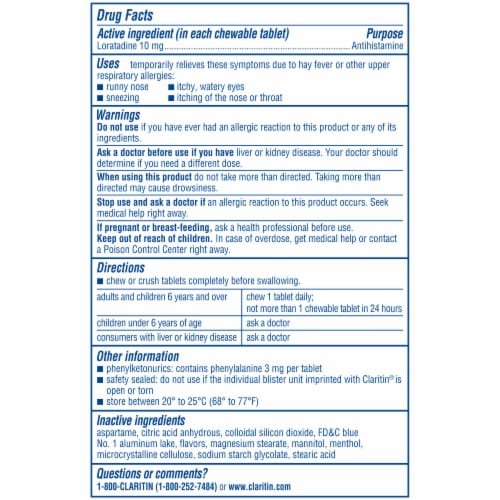 Claritin Non-Drowsy 24 Hour Allergy Relief Loratadine Cool Mint Chewable Tablets 10mg Perspective: left