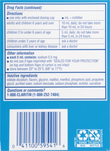 Claritin® Liquid Non-Drowsy Honey Flavored Loratadine Oral Solution Perspective: left