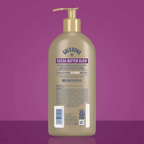 Gold Bond Cocoa Butter Glow Daily Hydrating Lotion with Shea Butter Cocoa Butter & Coconut Oil Perspective: left