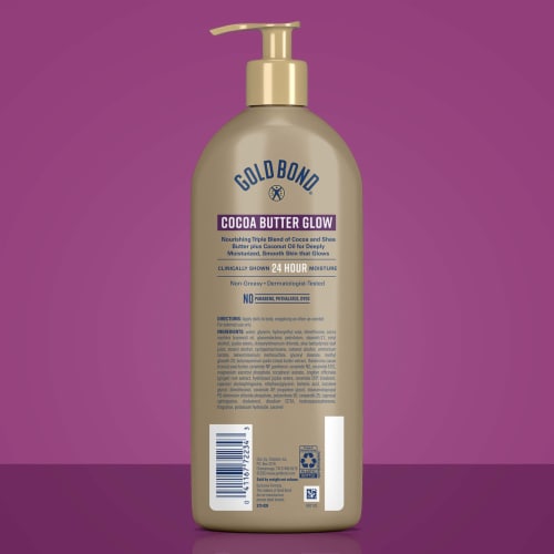 Gold Bond Cocoa Butter Glow Daily Hydrating Lotion with Shea Butter Cocoa Butter & Coconut Oil Perspective: left