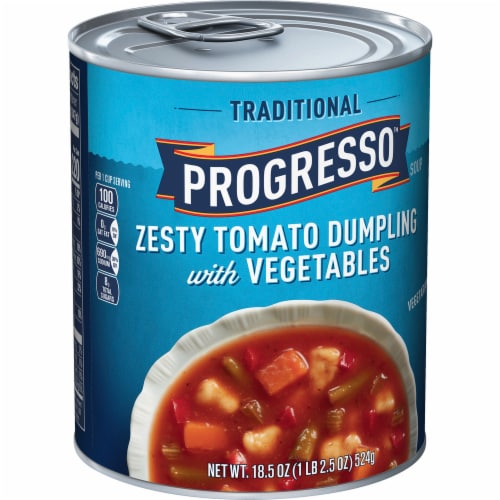Progresso Traditional Zesty Tomato Dumpling with Vegetables Soup Perspective: left