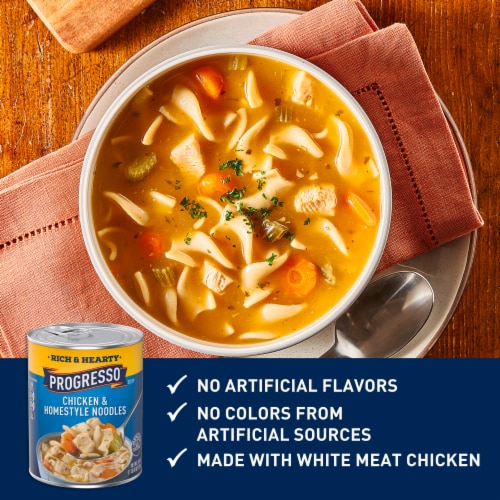 Progresso Rich & Hearty Chicken & Homestyle Noodle Soup Perspective: left