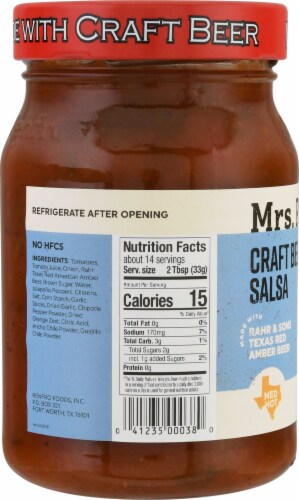 Mrs. Renfro's® Medium Hot Texas Red Amber Ale Craft Beer Salsa Perspective: left